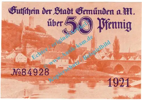 Gemünden , Notgeld 50 Pfennig Schein in kfr. Tieste 2170.05.55 , Bayern 1921 Verkehrsausgabe