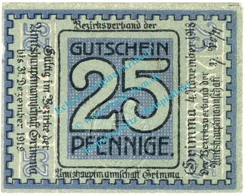 Grimma , Notgeld 25 Pfennig Schein in kfr. Tieste 2465.05.06 , Sachsen 1918 Verkehrsausgabe