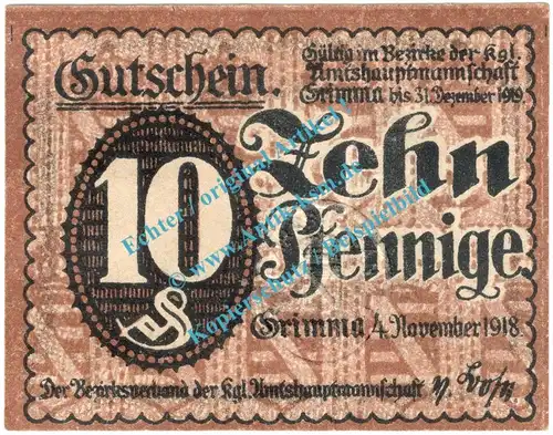 Grimma , Notgeld 10 Pfennig Schein in kfr. Tieste 2465.05.05 , Sachsen 1918 Verkehrsausgabe