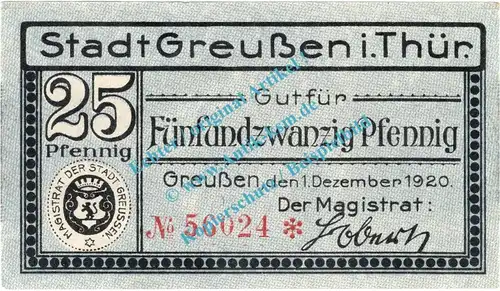 Greussen , Notgeld 25 Pfennig Schein in kfr. Tieste 2455.05.05 , Thüringen 1920 Verkehrsausgabe