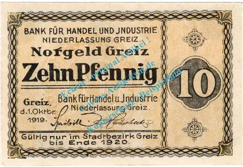 Greiz , Notgeld 10 Pfennig Schein in kfr. Tieste 2445.05.05 , Thüringen 1919 Verkehrsausgabe