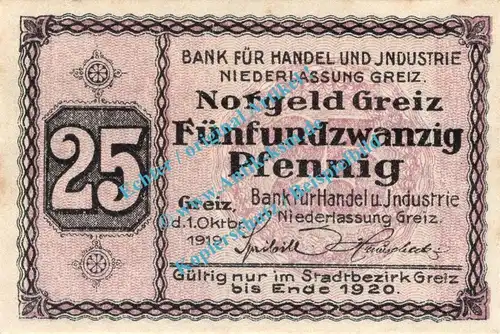 Greiz , Notgeld 25 Pfennig Schein in kfr. Tieste 2445.05.06 , Thüringen 1919 Verkehrsausgabe