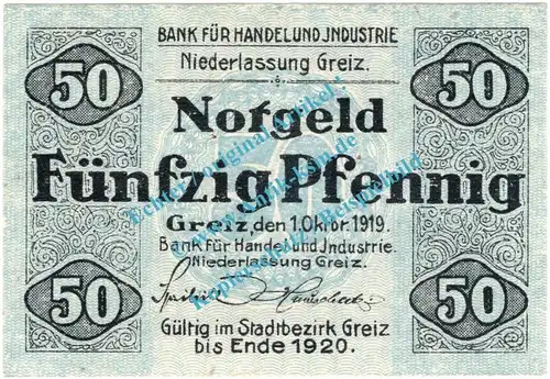 Greiz , Notgeld 50 Pfennig Schein in kfr. Tieste 2445.05.07 , Thüringen 1919 Verkehrsausgabe