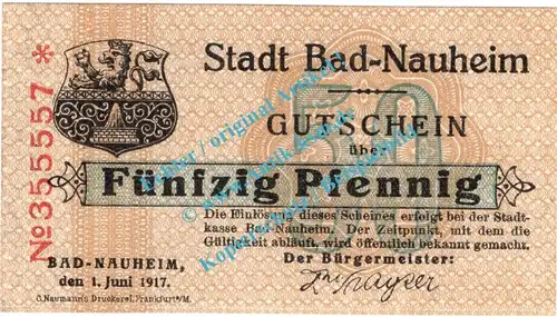 Bad Nauheim , Notgeld 50 Pfennig Schein in kfr. Tieste 4765.05.05 , Hessen 1917 Verkehrsausgabe
