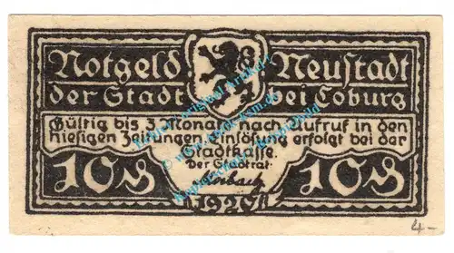 Neustadt , Notgeld 10 Pfennig Schein in kfr. Tieste 4940.05.20 , Bayern 1920 Verkehrsausgabe