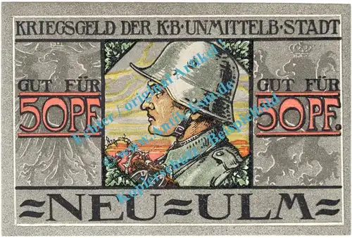 Neu Ulm , Notgeld 50 Pfennig Schein in kfr. Tieste 5020.05.01 , Bayern 1918 Verkehrsausgabe