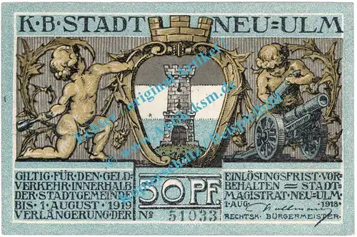 Neu Ulm , Notgeld 50 Pfennig Schein in kfr. Tieste 5020.05.01 , Bayern 1918 Verkehrsausgabe