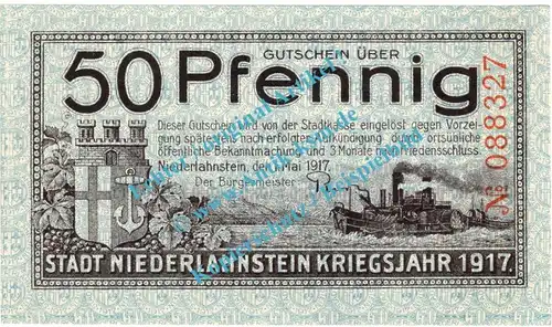 Niederlahnstein , Notgeld 50 Pfennig Schein in kfr. Tieste 5050.05.02 , Hessen 1917 Verkehrsausgabe