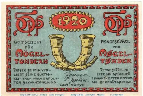 Notgeld Gemeinde Mögeltondern 892.1 , 50 Pfennig Schein in kfr. von 1920 , dänisch Nordschleswig Seriennotgeld
