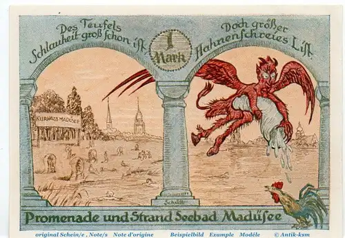 Madüsee , Notgeld 1 Mark Schein in kfr. M-G 850.2 , Pommern 1921 Seriennotgeld