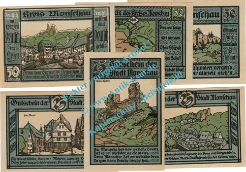 Monschau , Notgeld Set mit 6 Scheinen in kfr. M-G 897.1-2 , Rheinland 1921 Seriennotgeld