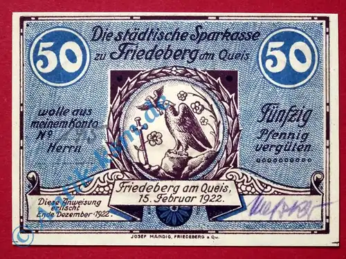 Notgeld Friedeberg , Einzelschein über 50 Pfennig , Mehl Grabowski 391.1 A , von 1922 , Seriennotgeld Schlesien