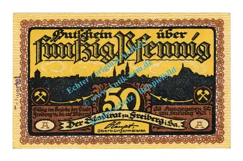Freiberg , Notgeld 50 Pfennig A --Entwertet-- in kfr. Bühn 1751.26 , Sachsen 1921 Seriennotgeld