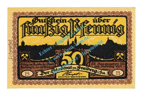 Freiberg , Notgeld 50 Pfennig B --Entwertet-- in kfr. Bühn 1751.27 , Sachsen 1921 Seriennotgeld