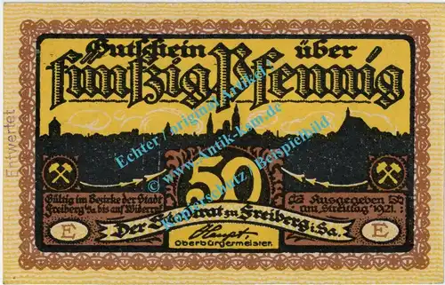 Freiberg , Notgeld 50 Pfennig E --Entwertet-- in kfr. Bühn 1751.30 , Sachsen 1921 Seriennotgeld