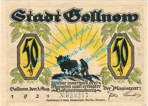 Gollnow , Notgeld 50 Pfennig Nr.6 -Glockensage- in kfr. M-G 453.4 , Pommern 1921 Seriennotgeld