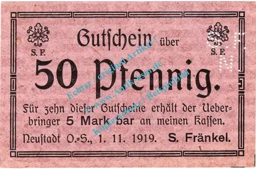 Neustadt , Notgeld 50 Pfennig Schein in kfr. Tieste 4960.10.65 , Schlesien 1919 Verkehrsausgabe