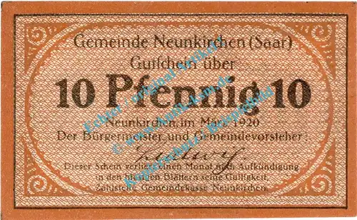 Neunkirchen , Notgeld 10 Pfennig Schein in kfr. Tieste 4910.05.05 , Rheinland 1920 Verkehrsausgabe