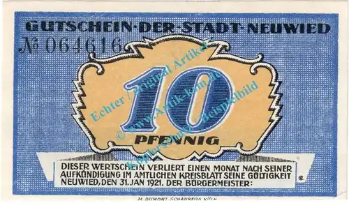 Neuwied , Notgeld 10 Pfennig Schein in kfr. Tieste 5025.10.25 , Rheinland 1921 Verkehrsausgabe