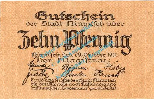Nimptsch , Notgeld 10 Pfennig Schein in kfr. Tieste 5135.10.06 , Schlesien 1919 Verkehrsausgabe