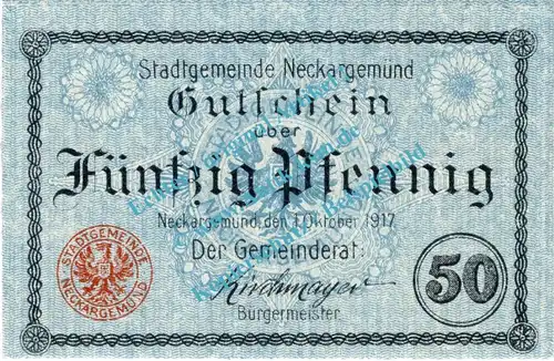 Neckargemünd , Notgeld 50 Pfennig Schein in kfr. Tieste 4780.05.05 , Baden 1917 Verkehrsausgabe
