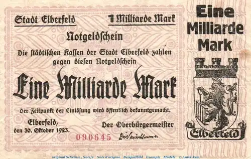 Banknote Stadt Elberfeld , 1 Milliarde Mark Schein in gbr. Keller 1294.w von 1923 , Rheinland Inflation