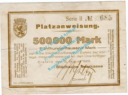 Eisfeld , Notgeld 500.000 Mark Schein in gbr. Keller 1290.b , Thüringen 1923 Inflation