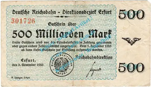 Erfurt , Notgeld 500 Milliarden Mark Schein in gbr. Keller 1387.e , Thüringen 1923 Inflation