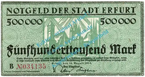 Erfurt , Notgeld 500.000 Mark Schein in gbr. Keller 1377.e , Thüringen 1923 Inflation