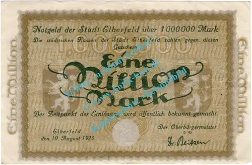 Elberfeld , Notgeld 1 Million Mark Schein in gbr. Keller 1294.d , Rheinland 1923 Inflation