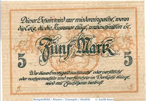 Banknote Eisleben , Mansfeld a.G. 5 Mark Schein in kfr. Geiger 148.12 , o.D. Provinz Sachsen Großnotgeld