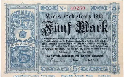 Banknote Stadt Erkelenz , 5 Mark Schein in kfr. Geiger 137.01 , von 1918 , Rheinland Großnotgeld