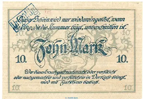 Banknote Mansfeld a.G. Eisleben , 10 Mark Schein in kfr.E Geiger 148.13 , o.D. Provinz Sachsen Großnotgeld