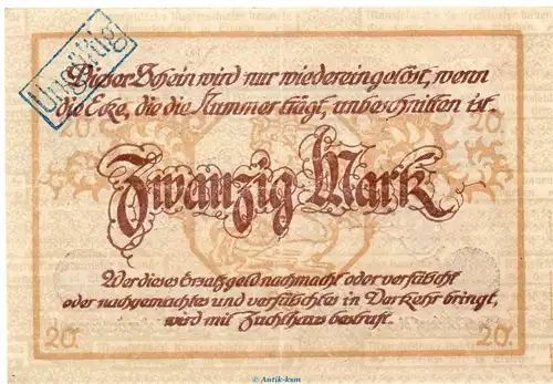 Banknote Mansfeld a.G. Eisleben , 20 Mark Schein in f-kfr.E Geiger 148.14 , o.D. Provinz Sachsen Großnotgeld
