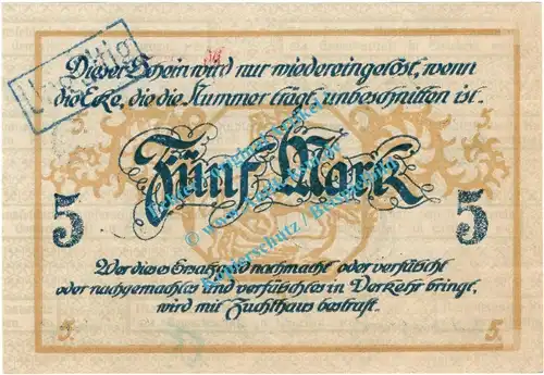 Eisleben , Banknote 5 Mark Schein in kfr.E , Geiger 123.12 , Sachsen Anhalt 1918 Grossnotgeld
