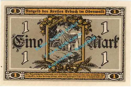 Erbach , Notgeld 1 Mark Schein in kfr. Geiger 135.01 , Hessen 1918 Grossnotgeld