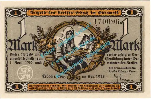 Erbach , Notgeld 1 Mark Schein in kfr. Geiger 135.01 , Hessen 1918 Grossnotgeld