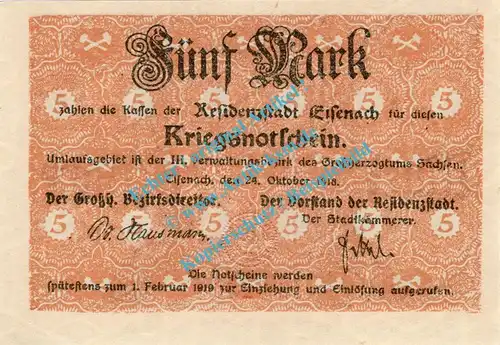 Eisenach , Notgeld 5 Mark Schein in kfr.E Geiger 121.01 , Thüringen 1918 Grossnotgeld