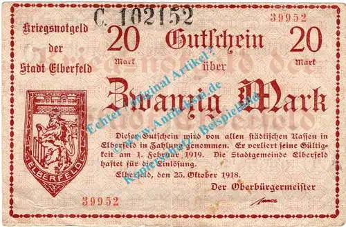 Elberfeld , Notgeld 20 Mark Schein in gbr. Geiger 124.05.b , Rheinland 1918 Grossnotgeld