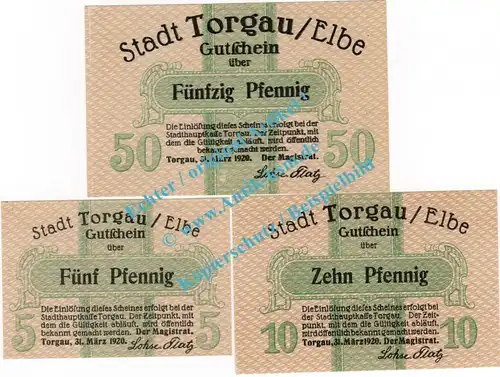 Torgau , Notgeld Set mit 3 Scheinen in kfr. Tieste 7375.05.01-03 , Sachsen 1920 Verkehrsausgabe