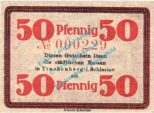 Trachenberg , Notgeld 50 Pfennig -KN rot- in kfr. Tieste 7390.10.01 , Schlesien 1919 Verkehrsausgabe