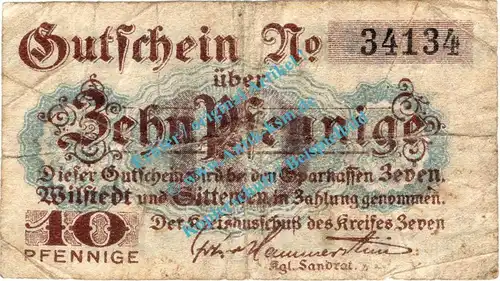 Zeven , Notgeld 10 Pfennig Schein in gbr. Tieste 8215.05.02 , Niedersachsen o.D. Verkehrsausgabe