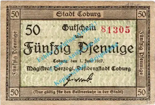 Coburg , Notgeld 50 Pfennig Schein in gbr. Tieste 1170.05.05 , Bayern 1917 Verkehrsausgabe