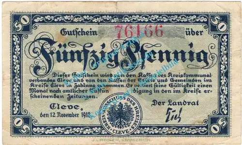 Cleve , Notgeld 50 Pfennig Schein in gbr. Tieste 1155.10.01 , Rheinland 1918 Verkehrsausgabe