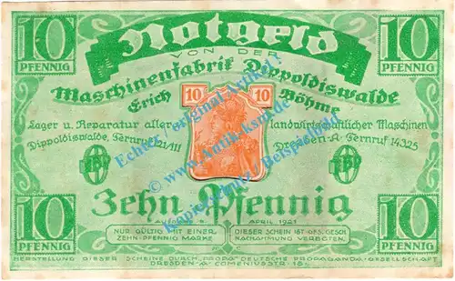 Dippoldiswalde , Notgeld 10 Pfennig Schein in gbr. Tieste 1400.05.01 , Sachsen 1921 Verkehrsausgabe