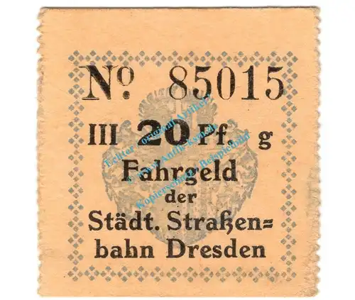 Dresden , Notgeld 20 Pfennig Schein in kfr. Tieste 1475.260.10 , Sachsen o.D. Verkehrsausgabe
