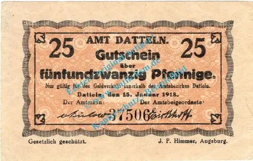 Datteln , Notgeld 25 Pfennig Schein in kfr. Tieste 1305.05.25 , Westfalen 1918 Verkehrsausgabe