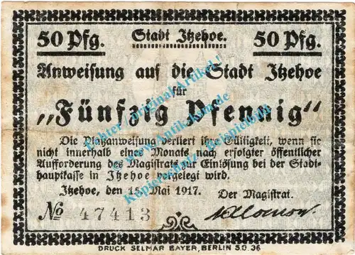 Itzehoe , Notgeld 50 Pfennig Schein in gbr. Tieste 3225.05.05 , Schleswig Holstein 1917 Verkehrsausgabe