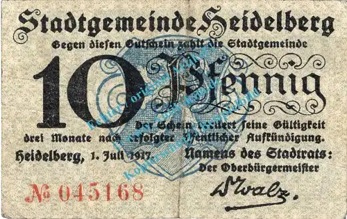 Heidelberg , Notgeld 10 Pfennig Schein in gbr. Tieste 2855.05.01 , Baden 1917 Verkehrsausgabe
