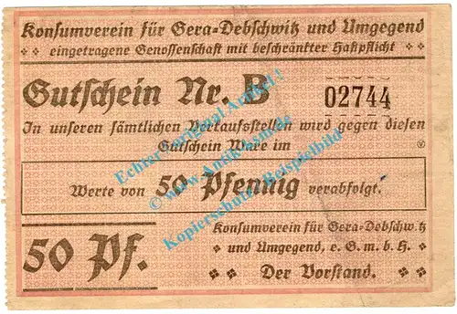 Gera , Notgeld 50 Pfennig Schein in L-gbr. Tieste 2185.05.02 , Thüringen o.D. Verkehrsausgabe